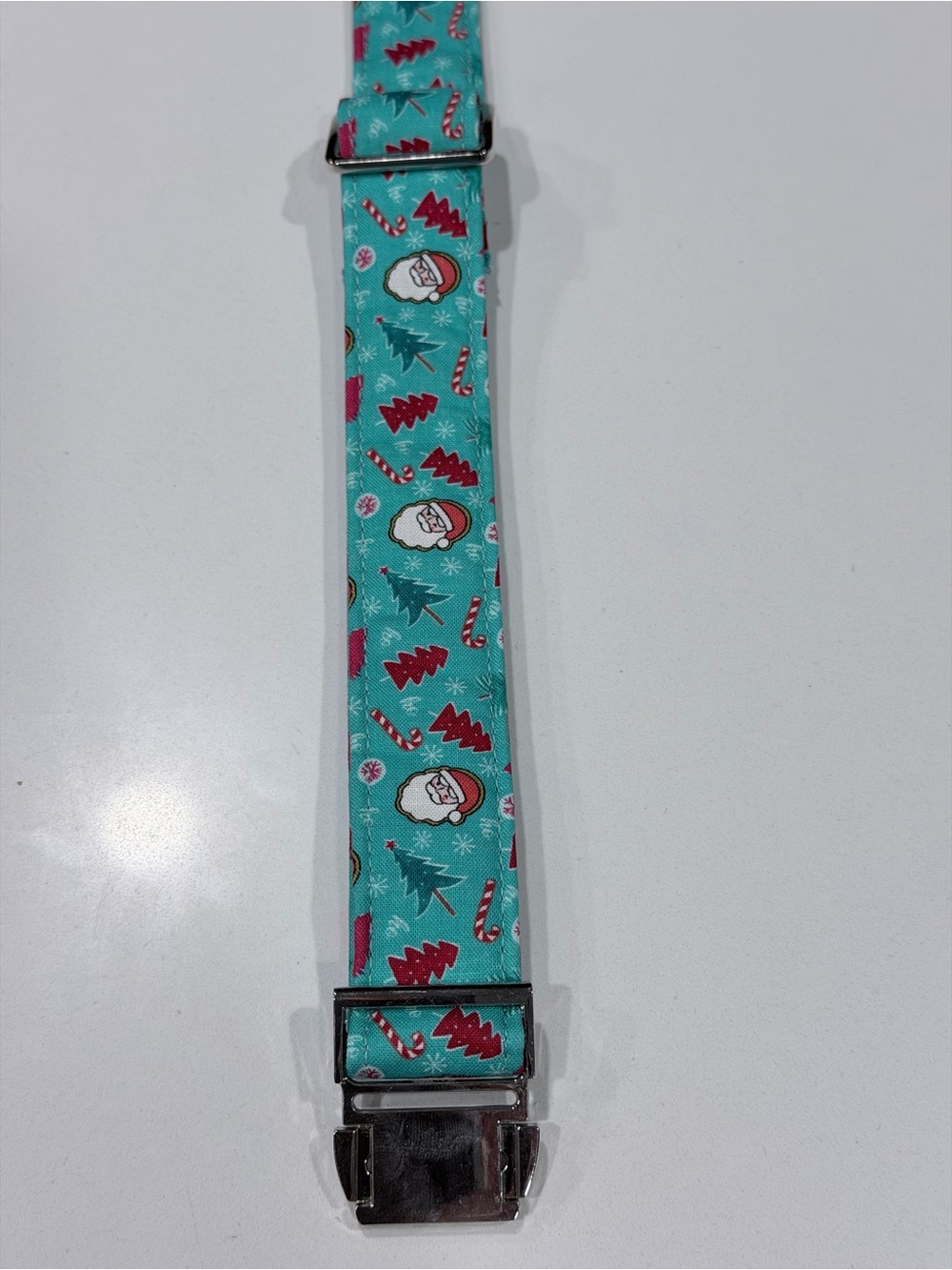 Teal Holiday Dog Collar with Candy Cane & Tree Print - Picture 3 of 4